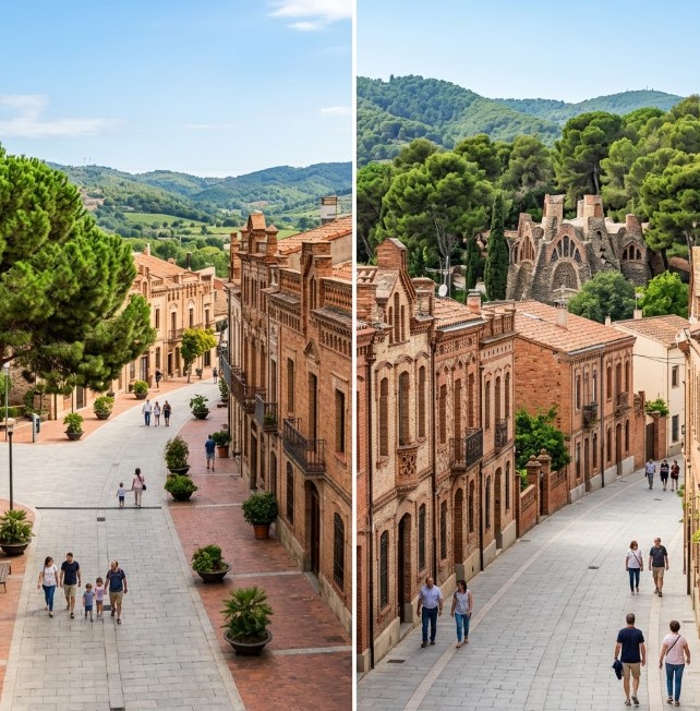 Vistas de las zonas arboladas, la arquitectura modernista de la Colònia Güell y la naturaleza de Santa Coloma de Cervelló